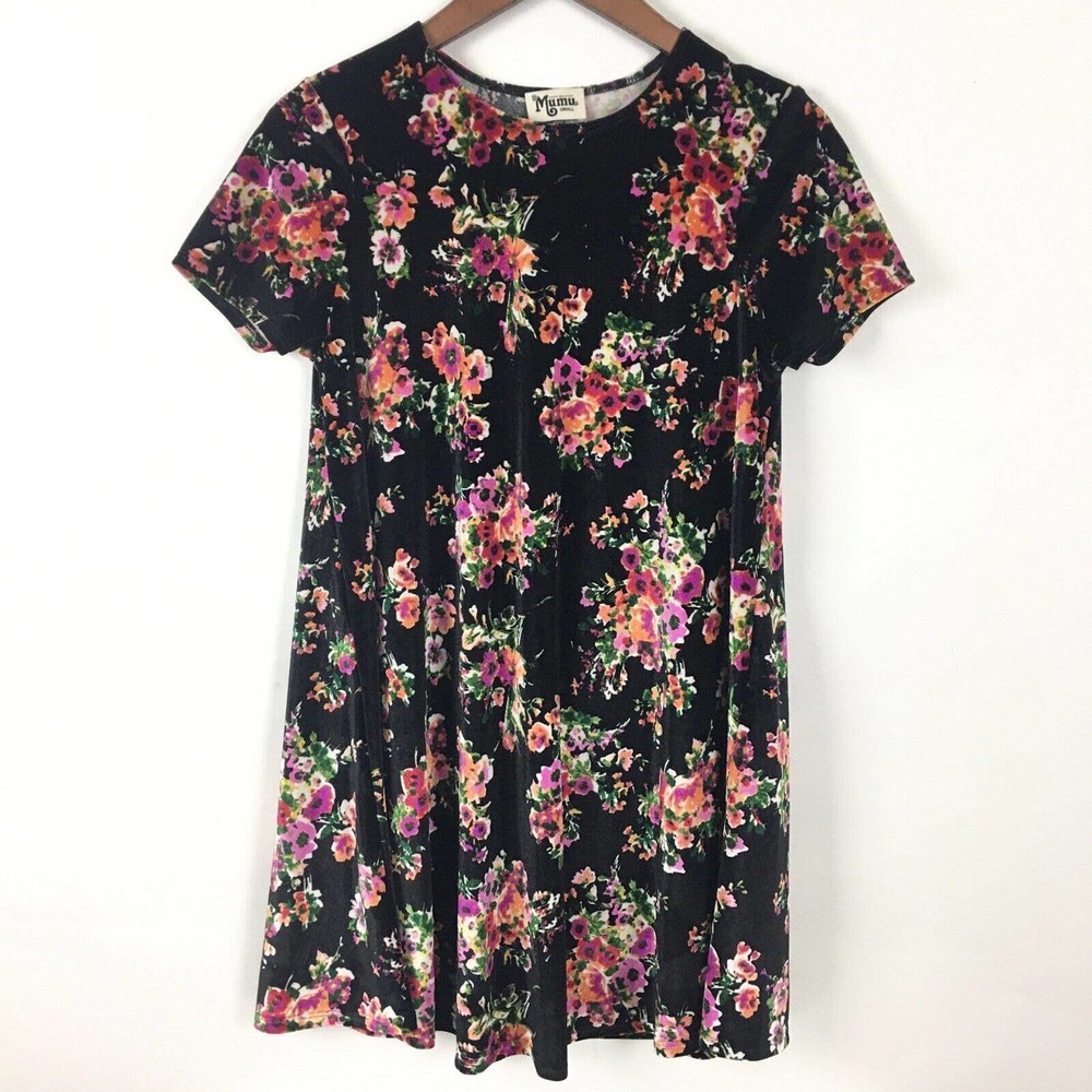 Show Me Your Mumu Womens Dress Small Black Floral Short Sleeve Velour Velvet
